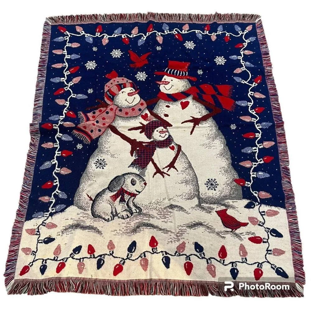 Vintage Throw Blanket Holiday Snowman Family Tapestry 60x49